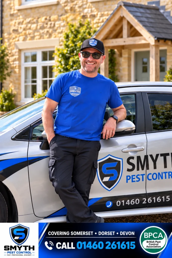 Warren Smyth with the Smyth Pest Control vehicle and contact number