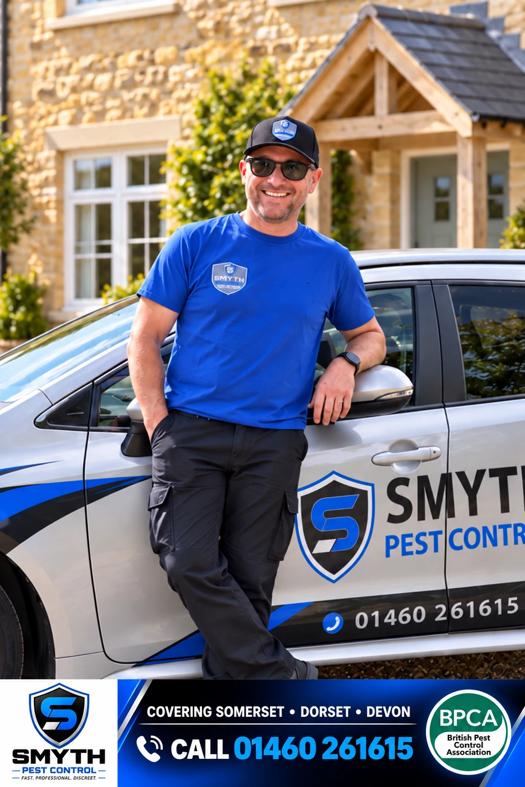 Warren Smyth with the Smyth Pest Control vehicle and contact number